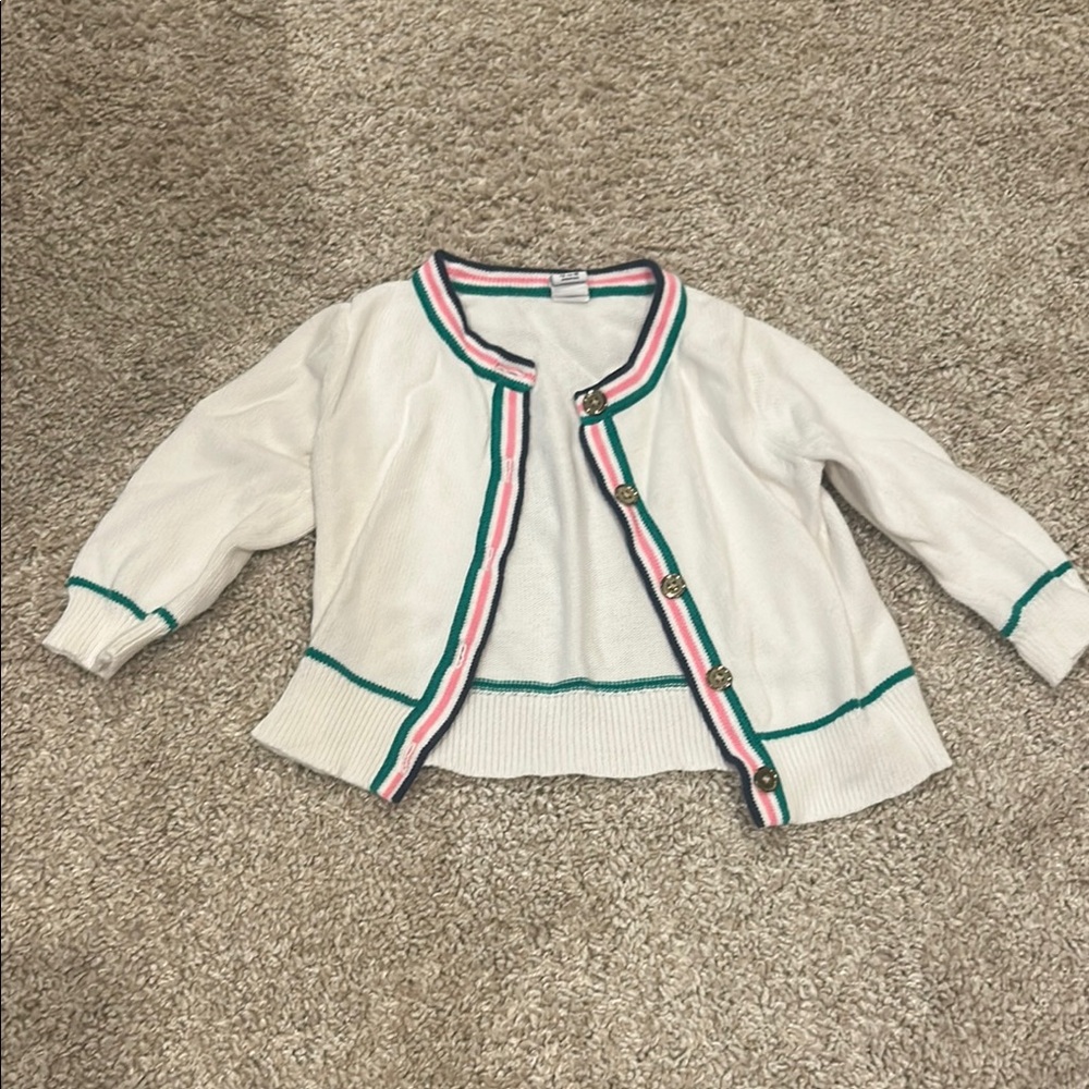 White Cardigan with Green and Pink Trim